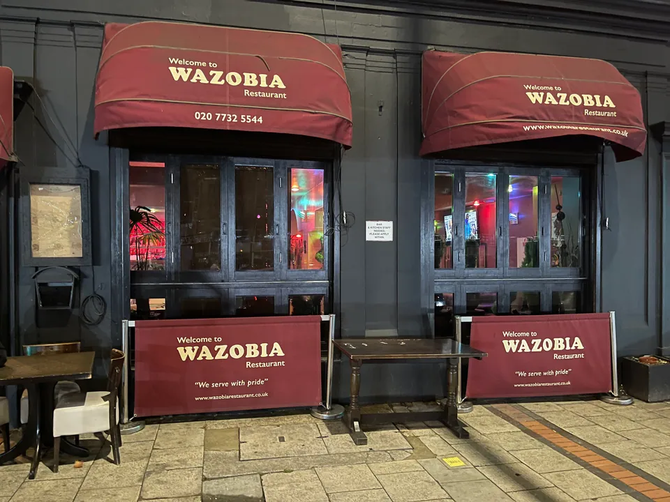 Wazobia’s entrance and burgundy awnings on Old Kent Road